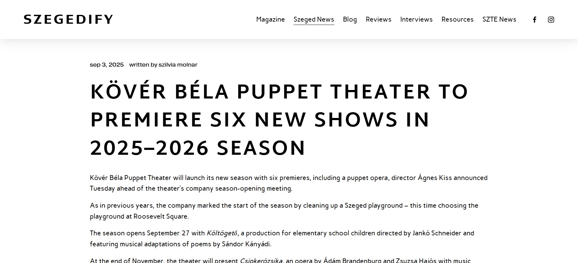 Kövér Béla Puppet Theater to premiere six new shows in 2025–2026 season