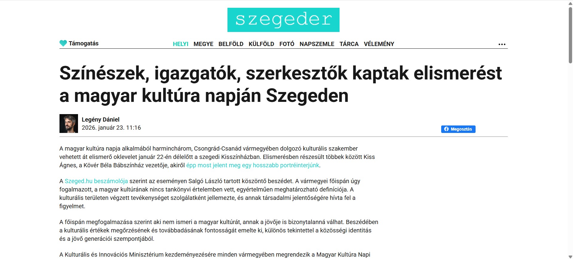 Színészek, igazgatók, szerkesztők kaptak elismerést a magyar kultúra napján Szegeden