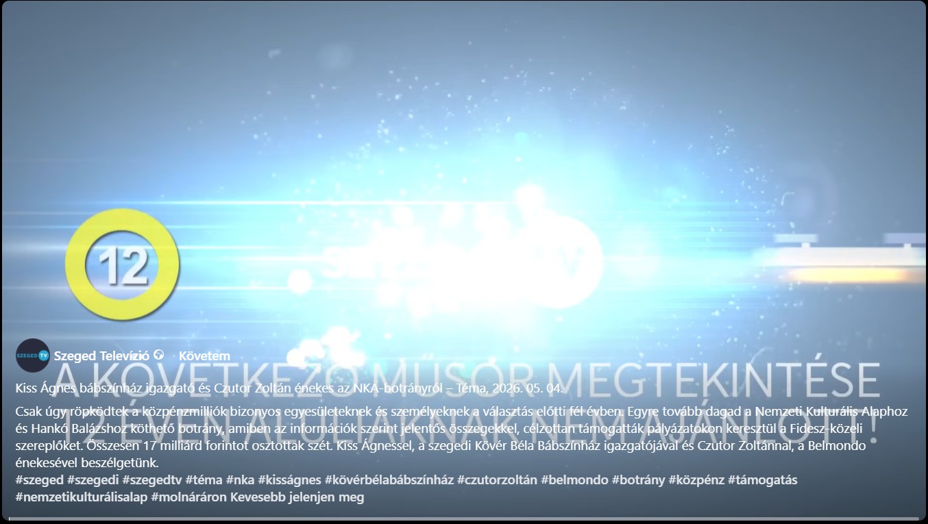 Kiss Ágnes bábszínház igazgató és Czutor Zoltán énekes az NKA-botrányról – Téma, 2026. 05. 04.